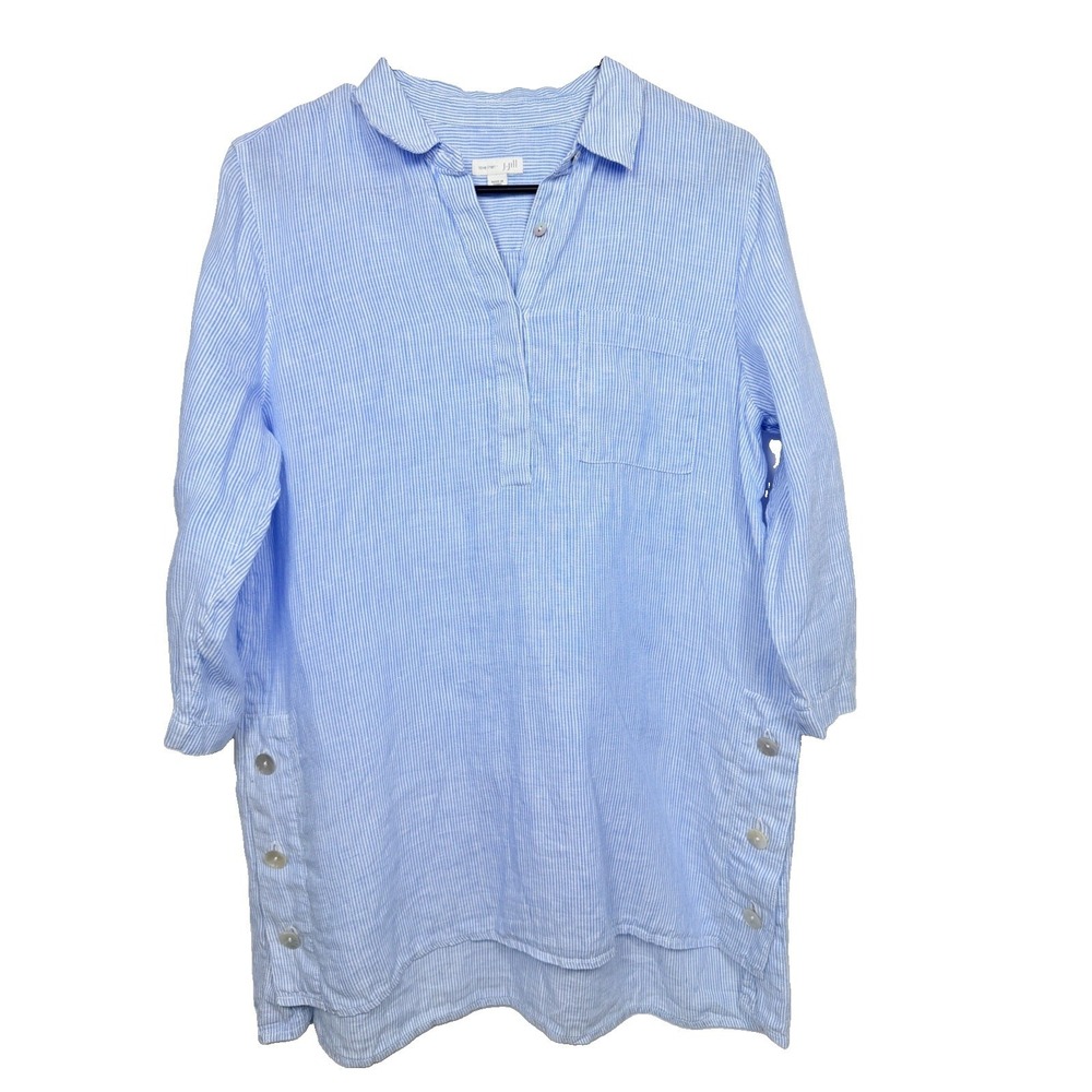 J.Jill Love Linen Tunic Top Small Blue Stripe Coastal Lagenlook Beachy Boho